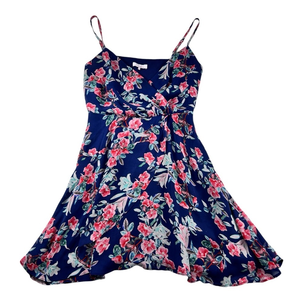 Parker Floral Navy Blue Sleeveless Dress size Medium Wrap Front Tie Waist Flowy - Picture 5 of 14